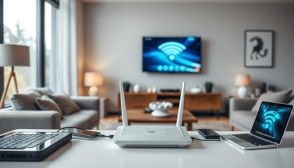    Современный роутер в гостиной с несколькими устройствами, которые подключены к Wi-Fi.