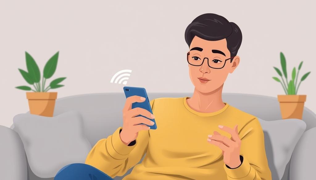    Человек проверяет пароль Wi-Fi на мобильном устройстве в уютной обстановке.