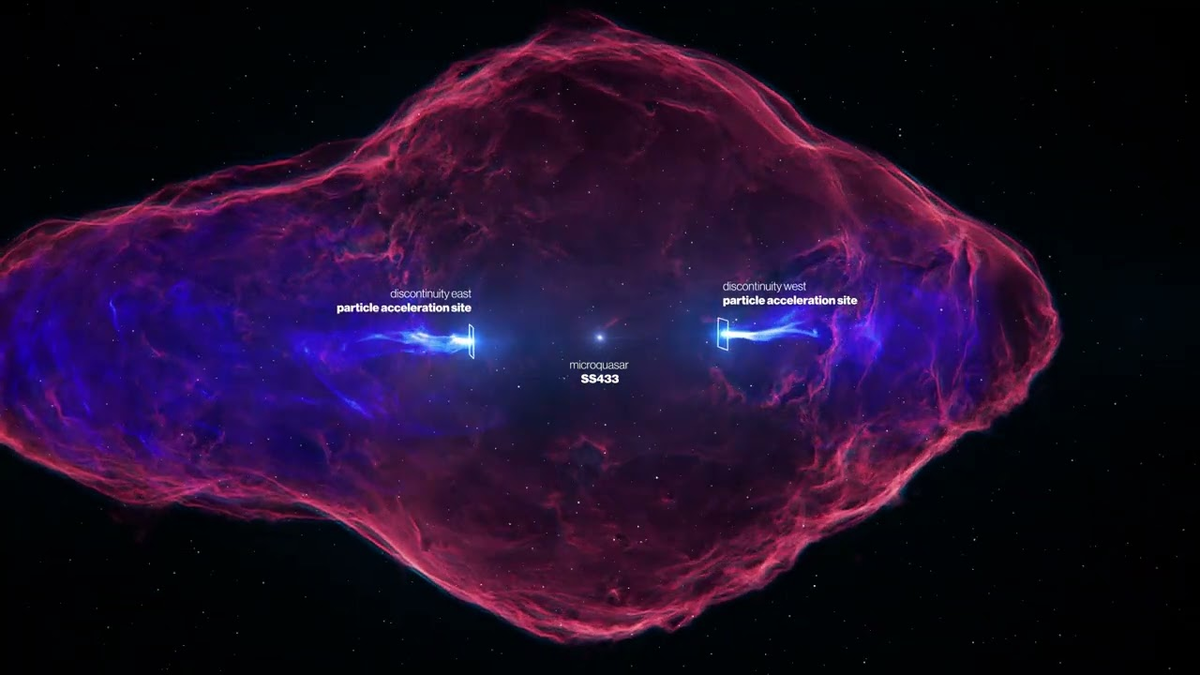 Иллюстрация 2: схематическое изображение микроквазара SS 433. В центре — чёрная дыра, вокруг неё — яркий аккреционный диск. От полюсов чёрной дыры вырываются узкие джеты, закручивающиеся в штопор из‑за прецессии. Рядом — звезда‑донор, теряющая вещество. На заднем плане — оболочка туманности W50, искажённая воздействием джетов.