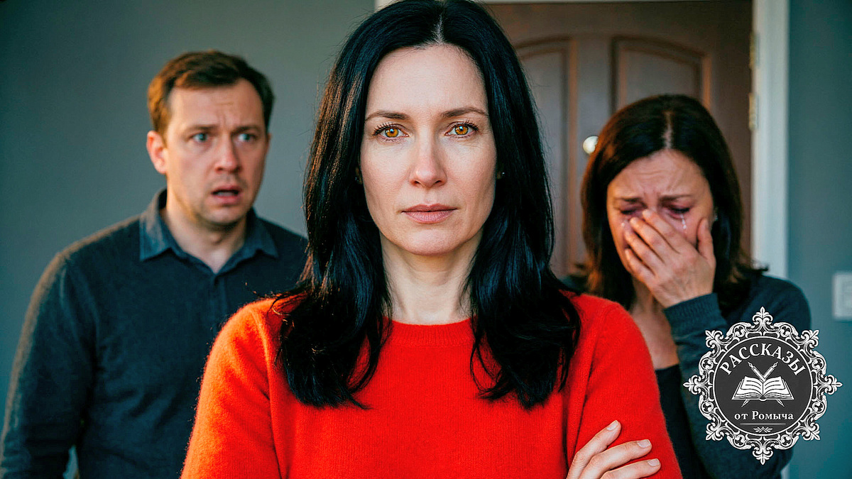 В центре кадра женщина с черными волосами и янтарными глазами, в ярко-красном кашемировом свитере. Она стоит скрестив руки, на её лице холодное торжество и решимость. На заднем плане, в тусклых тонах, растерянный мужчина (сын) и плачущая женщина (невестка) у входной двери.