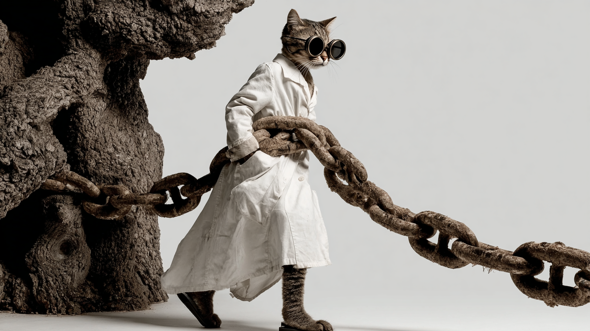 Кот-учёный схватил под мышку цепь