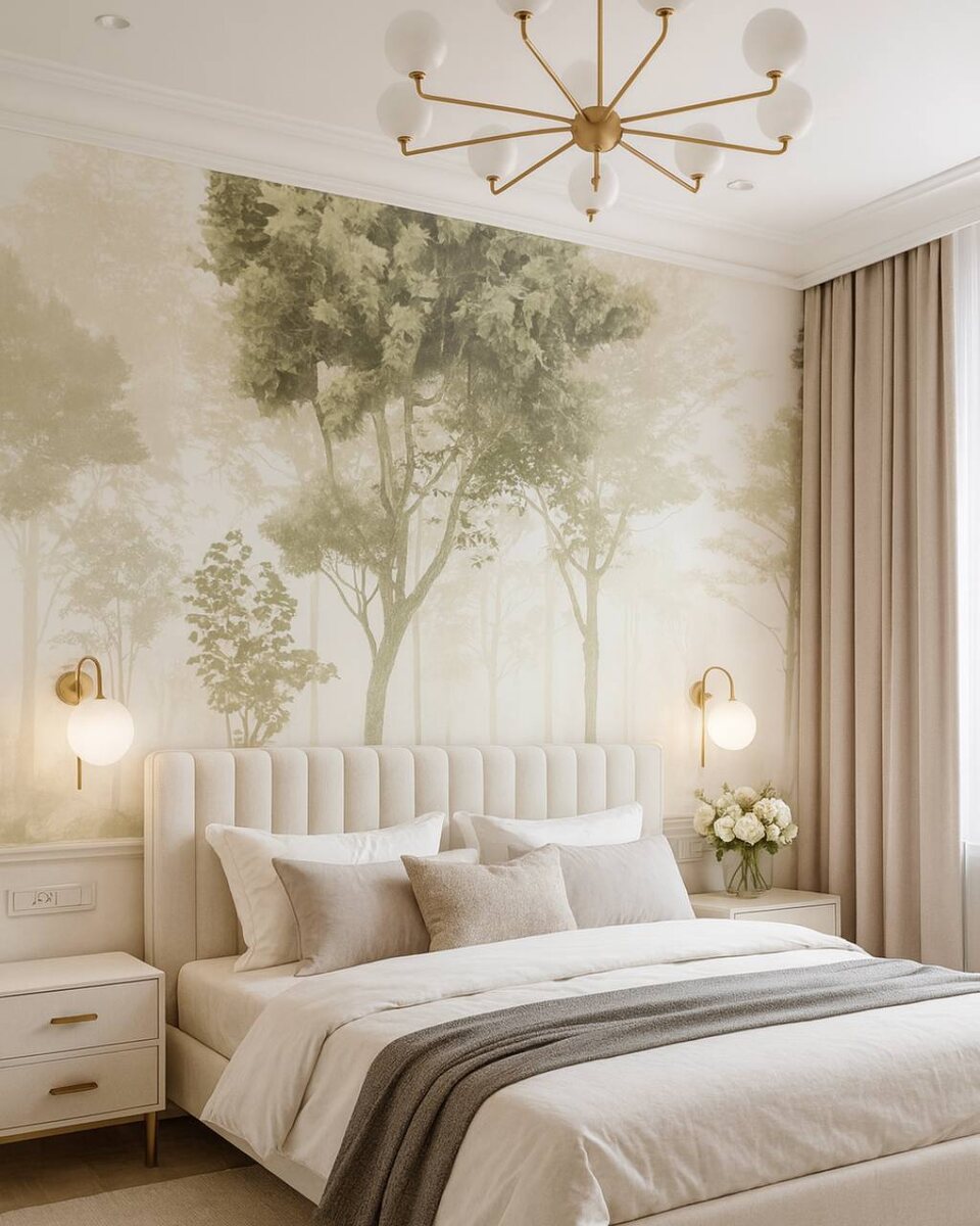Пример светлого, воздушного интерьера спальни. Акцентная отделка стены - фотообои VEROL. 