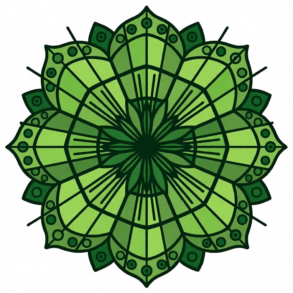 У Алисы раскраска тоже стильненько получается. Промпт: Раскрась эту мандалу в зеленые оттенки.
