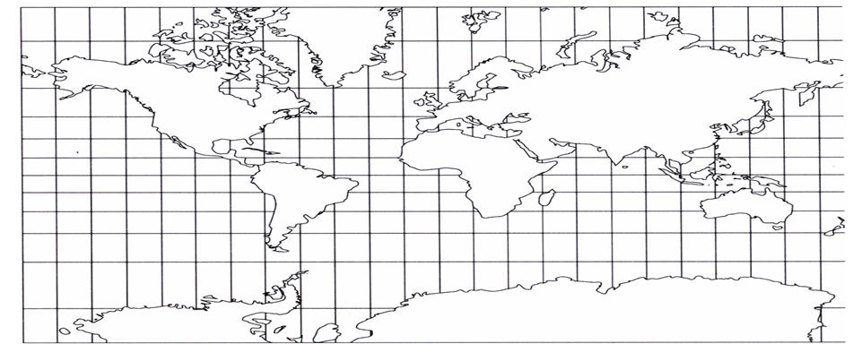 Карта мира с указанием меридианов долготы и параллелей широты