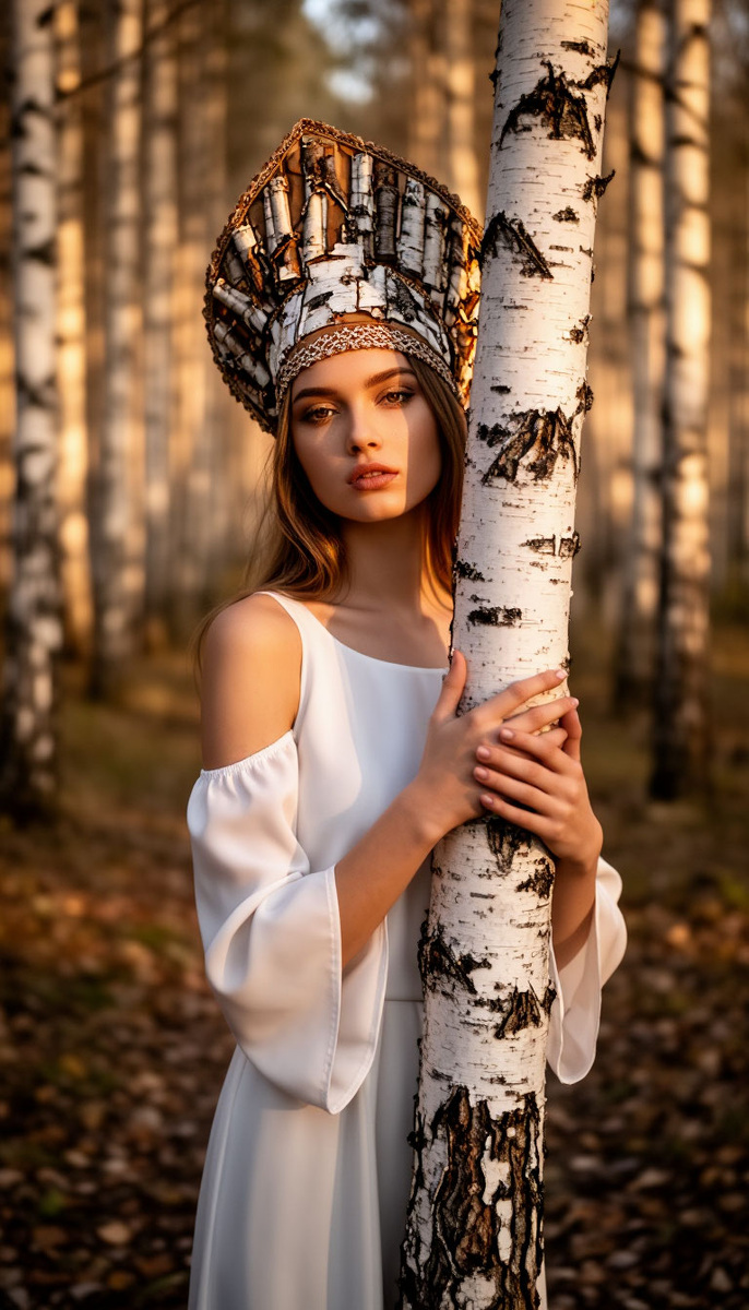 Берёзовая роща шепчет мне тайны — я слушаю. Сегодня я не просто фотограф, а посредник между временами. Белое платье как туман над рекой — лёгкое, но с памятью в складках. Кокошник из бересты не украшение, а щит: он хранит коды леса, его ритм, его силу.