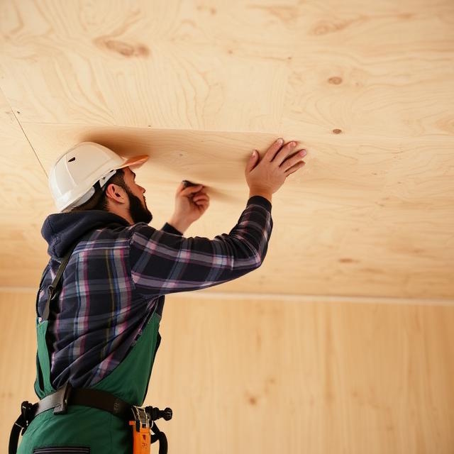 Рабочий выравнивает потолок с помощью фанеры
