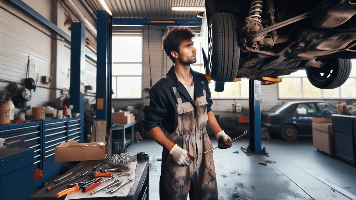    Автослесарь ремонтирует подвеску автомобиля. © Dall-E / Ridus.ru