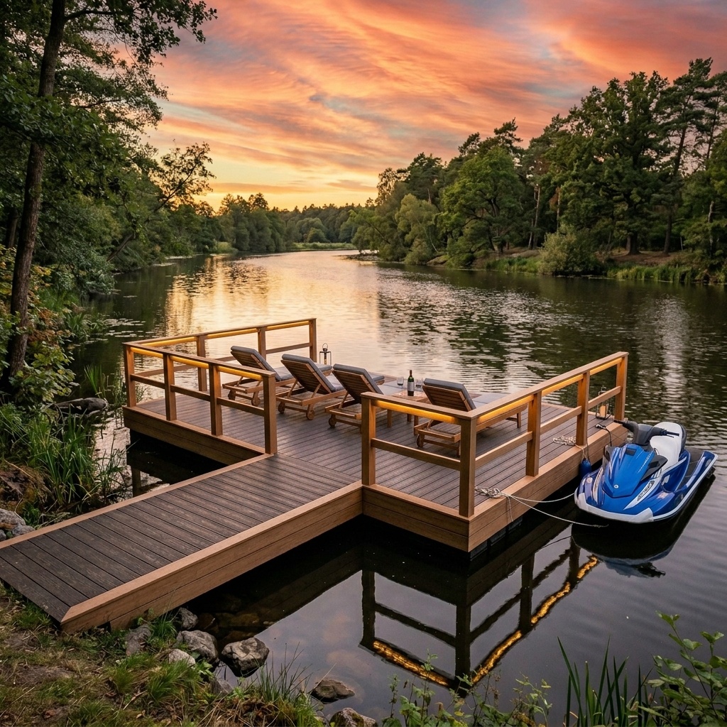 Красивый пирс ДПК на берегу реки