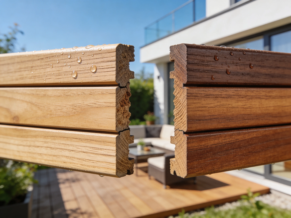 Слева — ДПК 10 лет назад: рыхлый, блёклый, с видимыми границами пластика и дерева. Справа — современный: плотный, сочный, как натуральная древесина. Эволюция налицо. Подробности в статье 👇