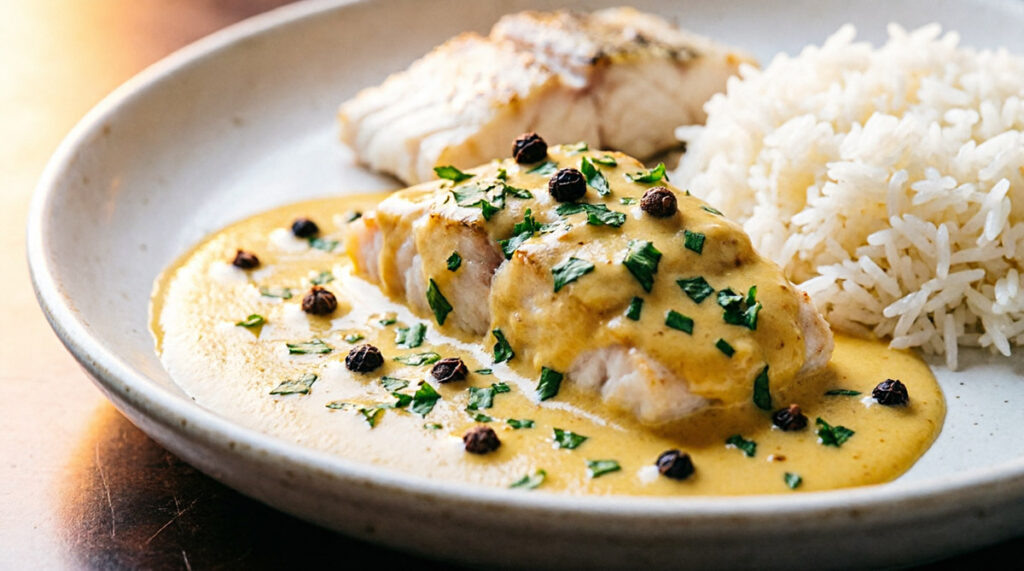 Рыба и рис с соусом