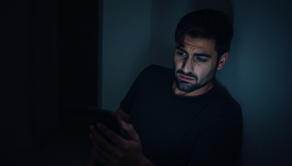    Беспокойный человек читает сообщение на телефоне в темной комнате, испытывая тревогу.