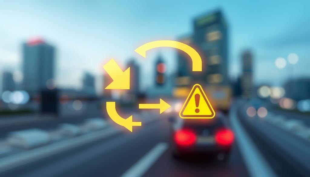    Иллюстрация цифрового транзакции с символами риска на фоне размытых городских пейзажей.