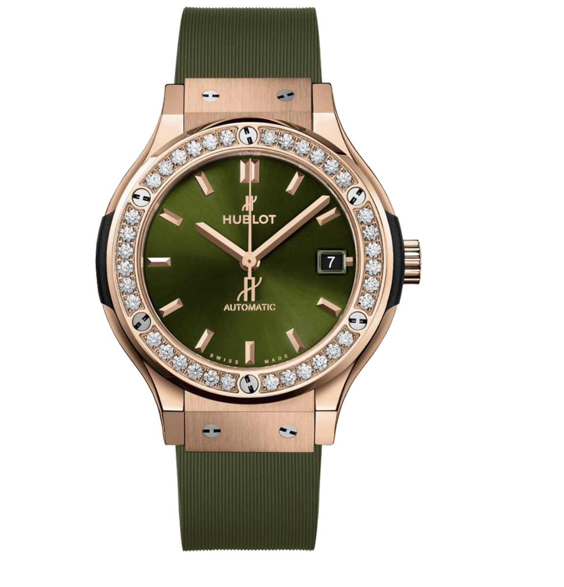 Часы HUBLOT Classic Fusion King Gold Green Diamonds в 33 мм корпусе из розового золота King Gold с указателем даты и бриллиантами по безелю