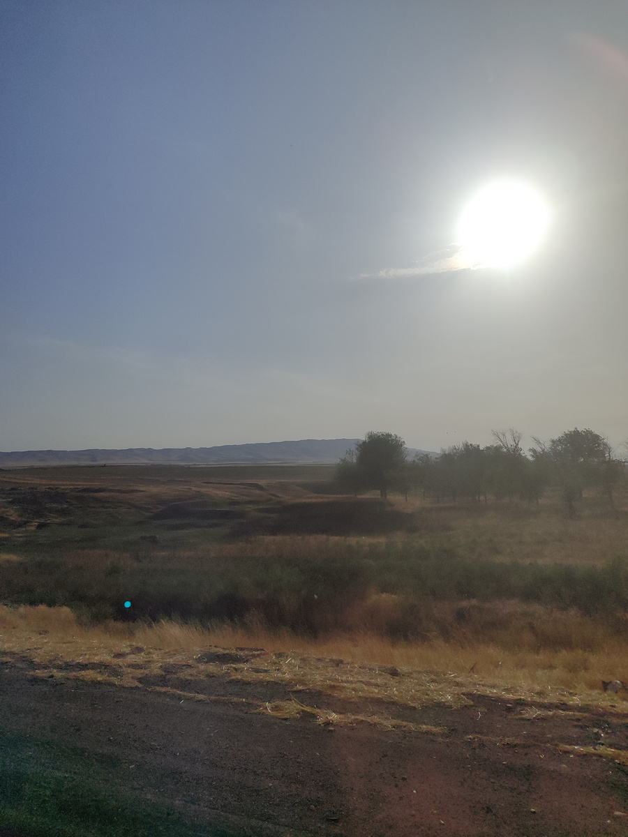 С Узбекистаном мы встречаемся на бескрайней равнине, где еë делит надвое воображаемая линия границы. Но пограничный переход ничуть не воображаемый - пусть менее укреплëнный, чем предыдущий, он служит существенным препятствием для целой процессии автомобилей и автобусов. 