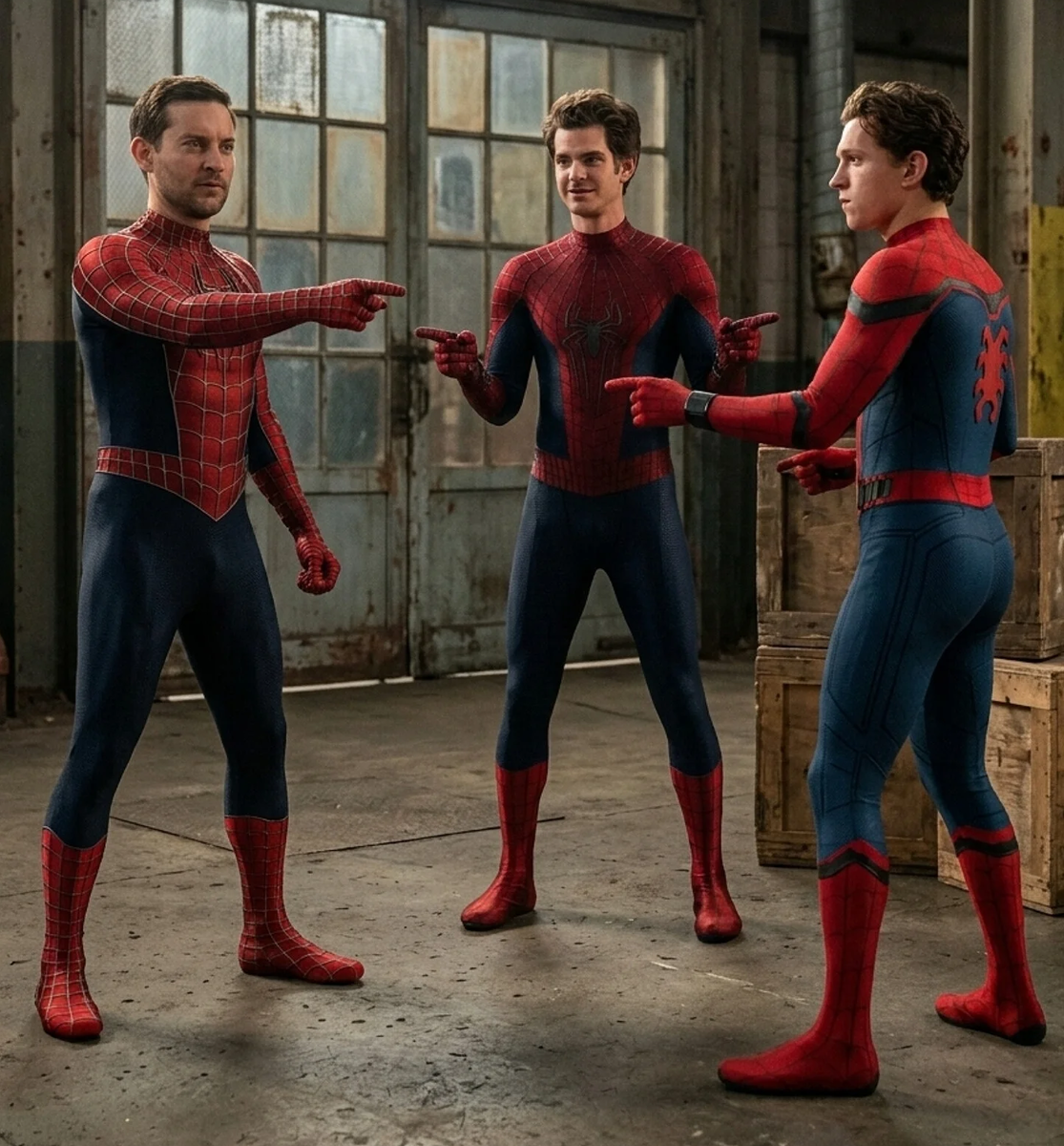 Известный мем из мультсериала о Человеке-пауке, воссозданный нейросетью, но уже с тремя актерами фильмов — Тоби Магуайром, Эндрю Гарфилдом и Томом Холландом