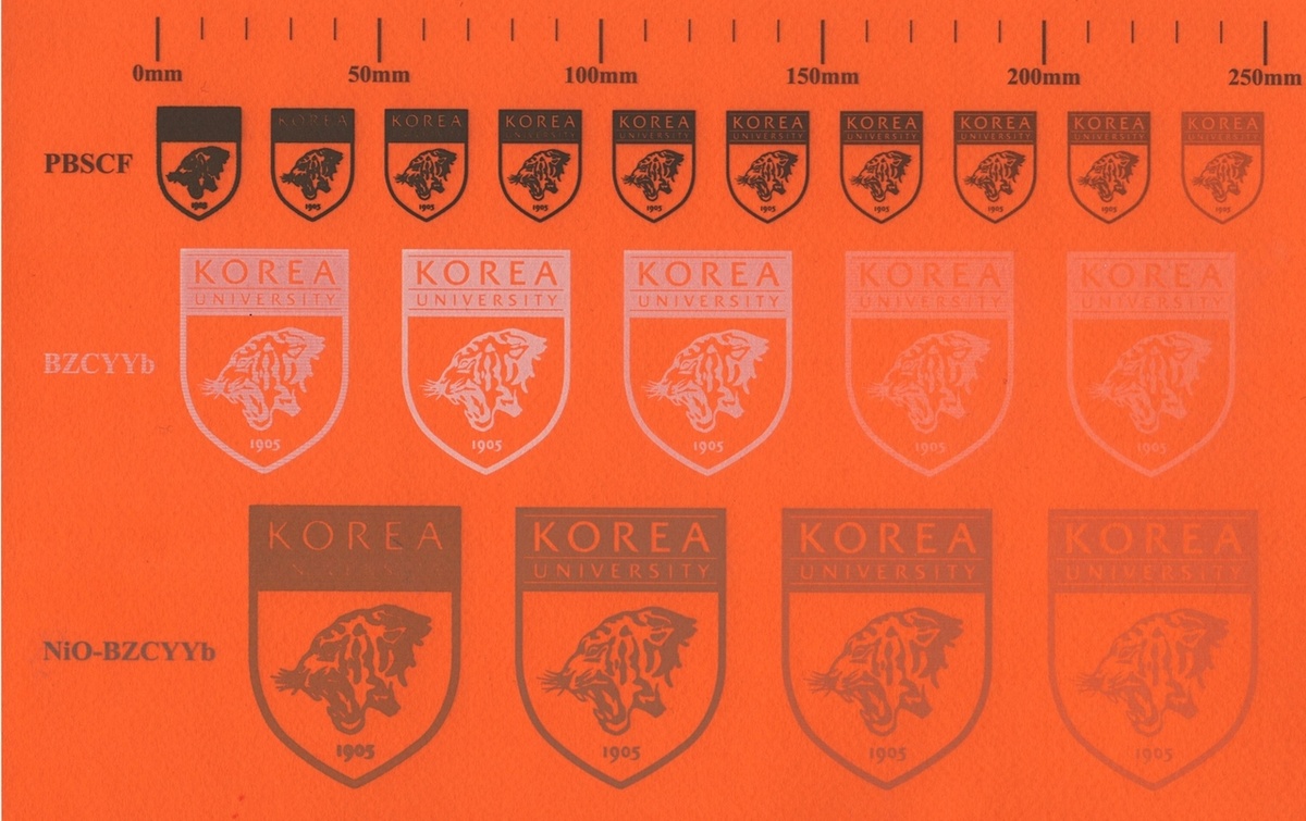 Образцы, полученные путем струйной печати по материалам, составляющим электрохимическую ячейку из протон-проводящей керамики, и концентрациям чернил [Предоставлено Университетом Корё]