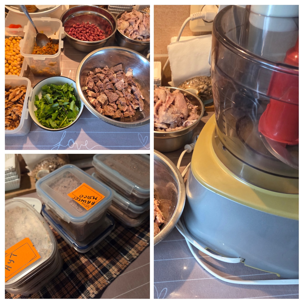 В планах два паштета. Первый — постный из нута, фасоли, грецких орехов, специй и кинзы, оливкового масла. Второй из говядины, курицы, лука, моркови, грибов, специй.