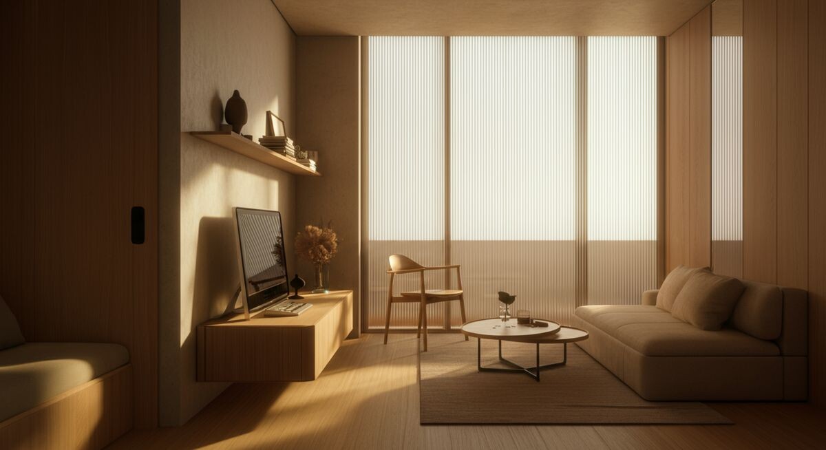 Интерьер современной корейской квартиры-студии с интегрированной умной системой управления, большими окнами и минималистичной мебелью, наполненный мягким утренним светом