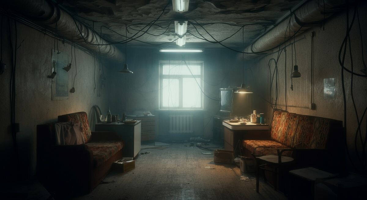 Типичная перегруженная мебелью комната в обычной квартире с разномастной мебелью и видимыми проводами