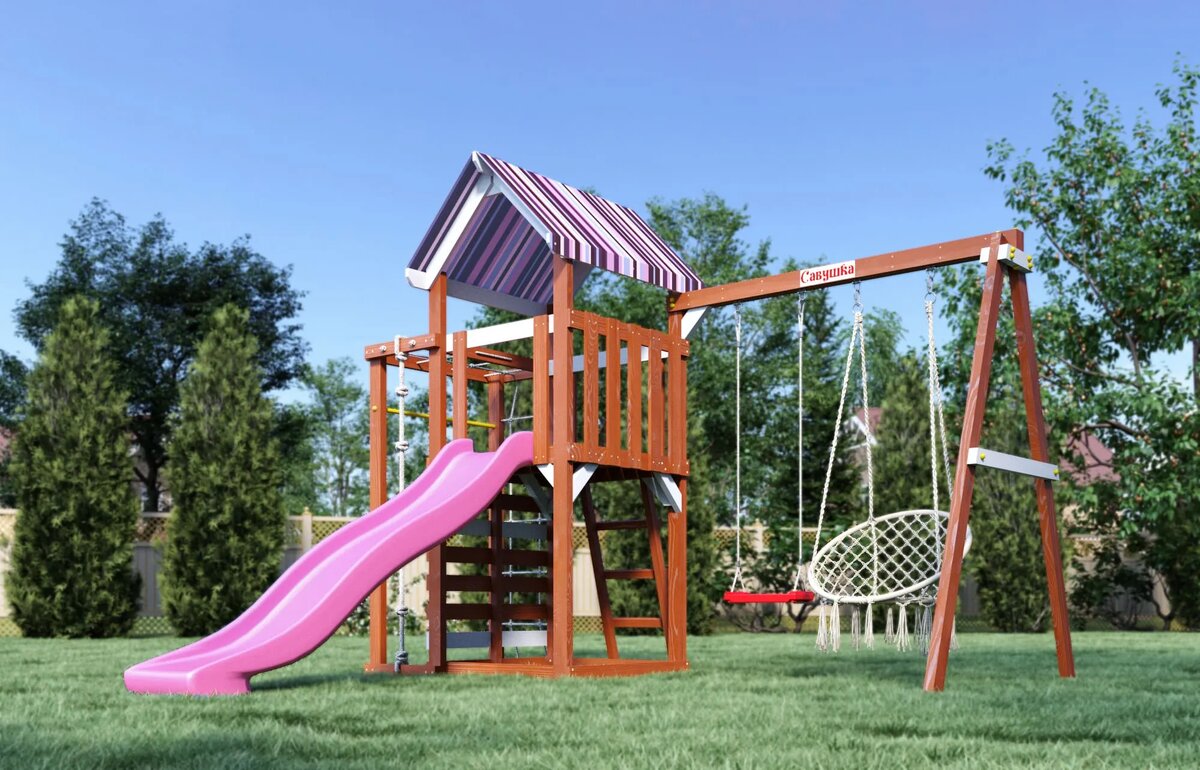 На фото - Детская площадка Савушка Тусун с розовой горкой (цвет можно выбрать самим).