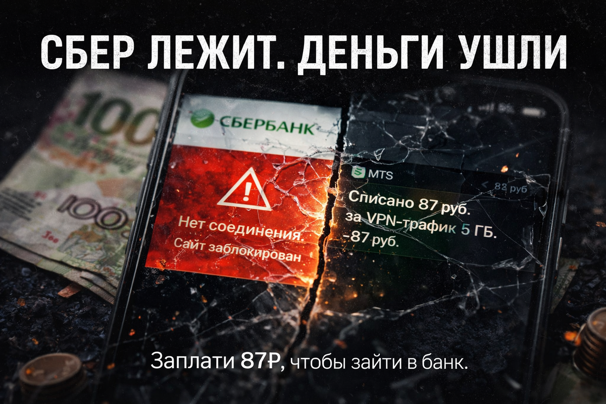 Экран телефона с ошибкой Сбера и СМС о списании 87 рублей за VPN на фоне утекающей купюры.
