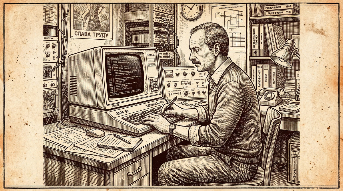 Советский программист за ранним компьютером, 1980-е