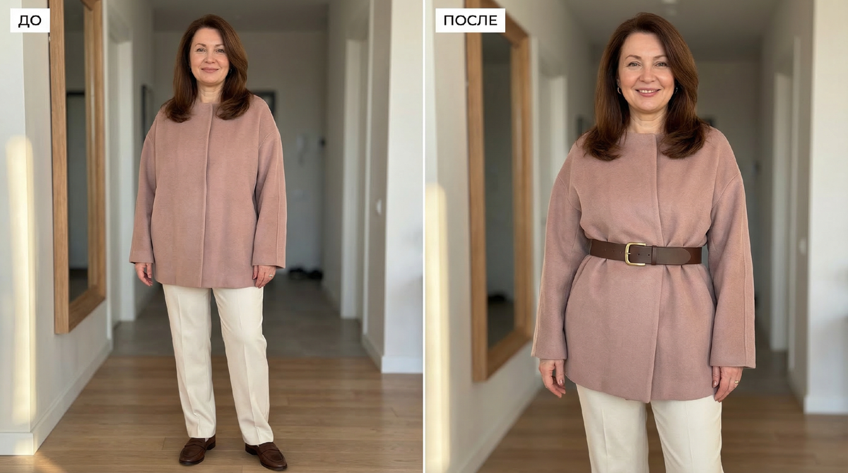 Разница между "накинула пальто" и "создала образ" - ровно один широкий ремень