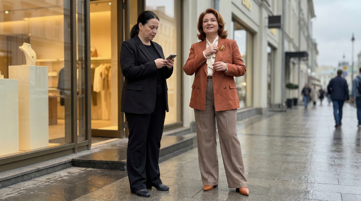 Слева - «всё подходит, но ничего не запоминается». Справа - одна брошь, один платок, один правильный жакет, и вас уже невозможно не заметить