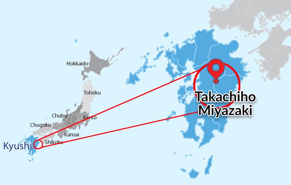 Такачихо на карте: остров Кюсю, находится на окраине префектуры Миядзаки, недалеко от Кумамото