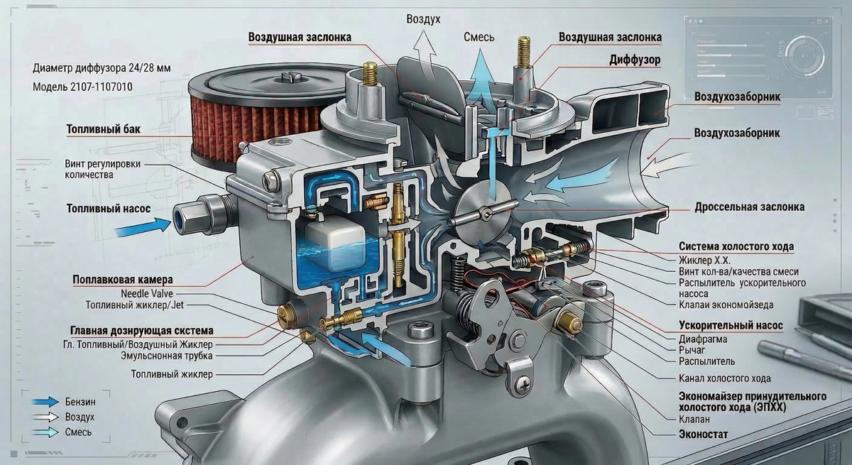 Схема устройства работы карбюратора