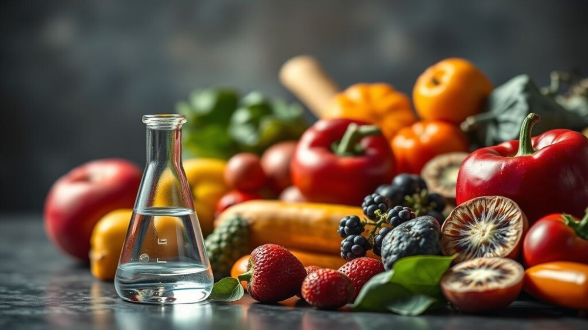 Лабораторная колба или пробирка рядом с фруктами и овощами — символизирует научное исследование питания. 