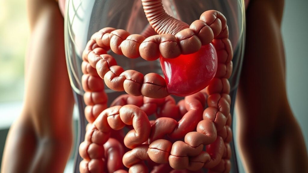  Изображение пищеварительной системы с добавлением элементов механики, например, стрелки, показывающие движение пищи или работу мускулов стенок кишечника — акцент на движение и механику.