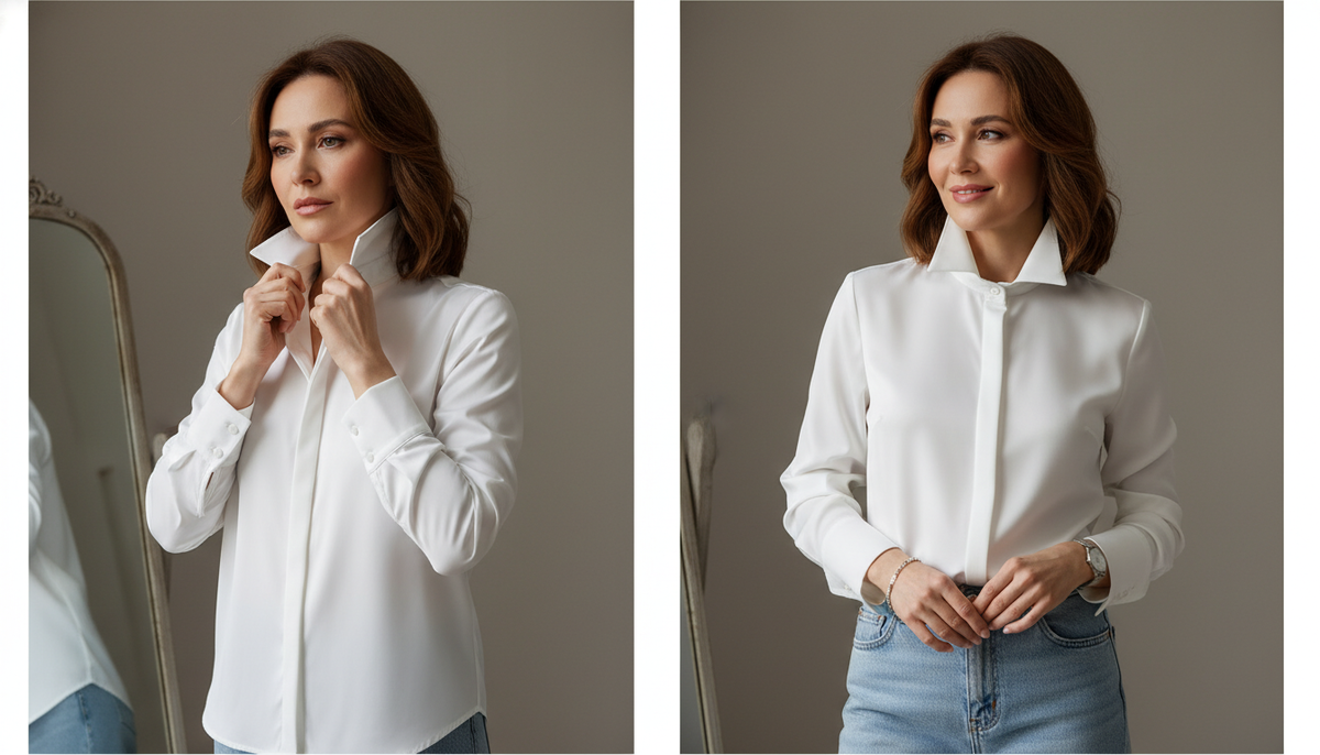 Сравнение: блузка с мягким воротником и блеском выглядит проще, а вариант с плотными манжетами и ровной планкой — дороже