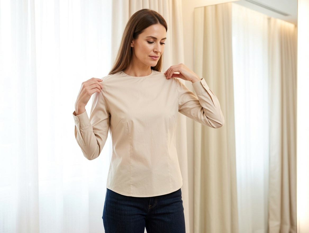 В примерочной: плечо сползает и пройма тянет, из-за этого блузка сидит неровно и выглядит дешевле