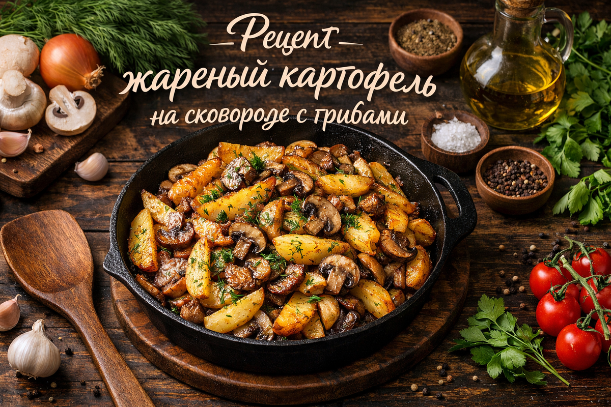 Жареный картофель на сковороде с грибами 