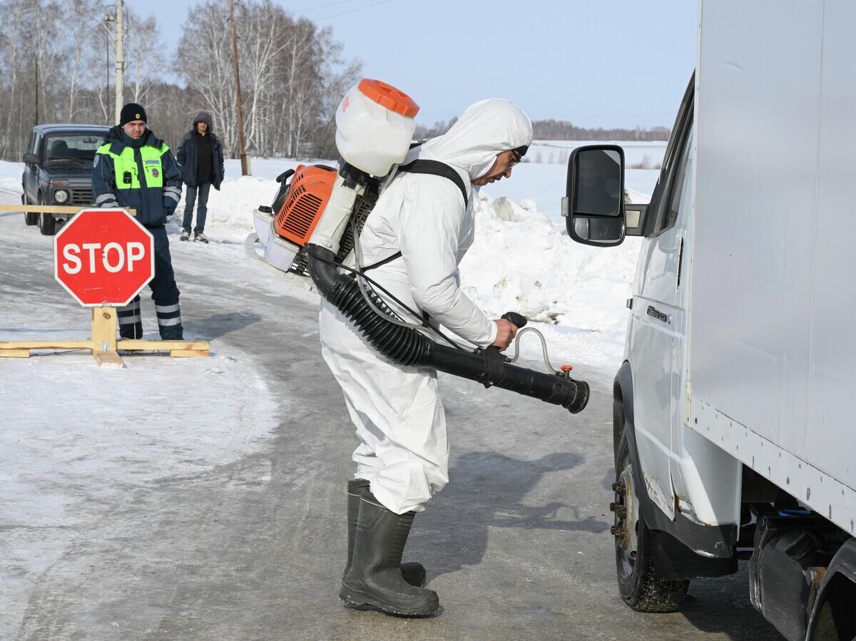    Сотрудник ветеринарной службы дезинфицирует автомобиль в Новосибирской области, где введен карантин по пастереллезу скота | © РИА Новости / Александр Кряжев