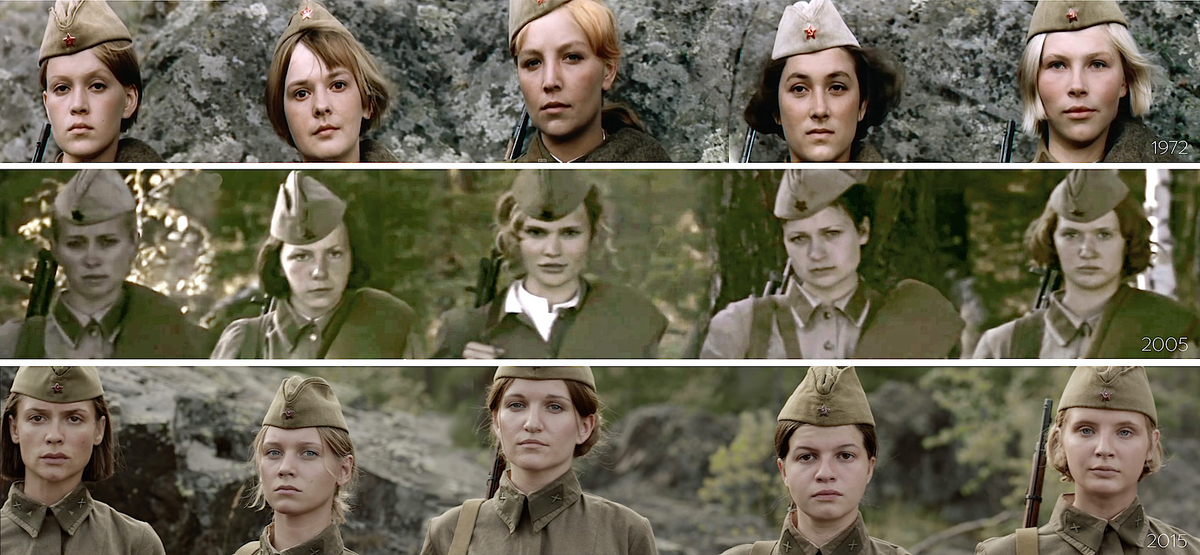 Коллаж кадров из фильмов СССР и РФ «А зори здесь тихие...» 1972, 2005 и 2015 гг.
