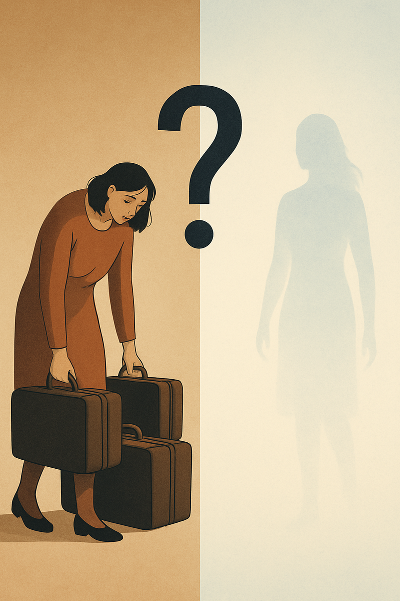 Слева  уставшая женщина, которая тащит тяжёлые сумки. Справа женщина-невидимка, сливающаяся с фоном. Два минуса. Один результат вы не в ресурсе