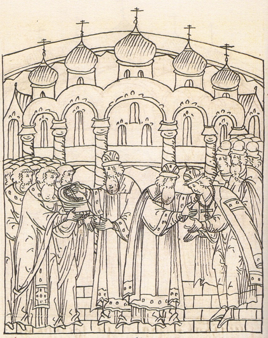 Венчание на царство Ивана IV Васильевича: митрополит Московский и всея Руси Макарий возлагает на царя Ивана Васильевича крест из частиц древа Честного Животворящего Креста Миниатюра Лицевого летописного свода. XVI в.