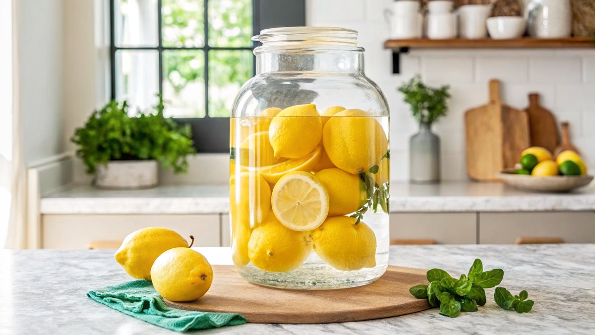 Ярко-желтые органических лимонов в стеклянной банке с чистой водой