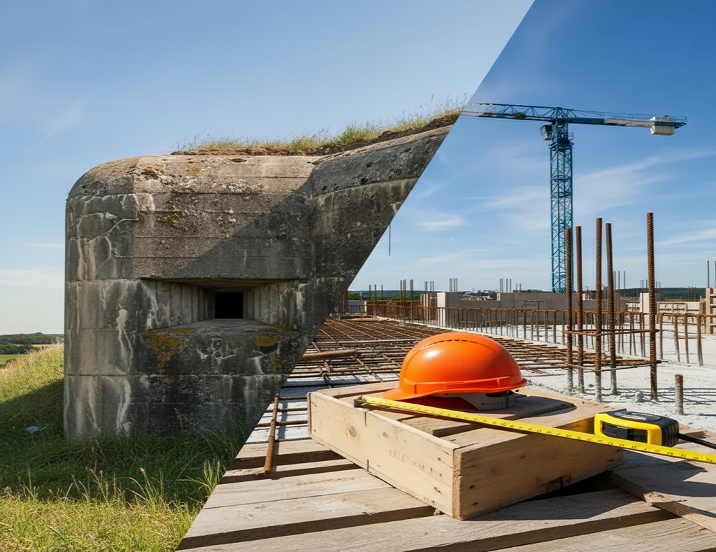 Слева — бетон, который стоит 90 лет без трещин. Линия Мажино, французское качество. Справа — наша стройка сегодня: арматура, каска, рулетка. Что общего? Законы физики и желание построить на века. Только у одних получилось, а другие до сих пор учатся. 🏛️🏗️