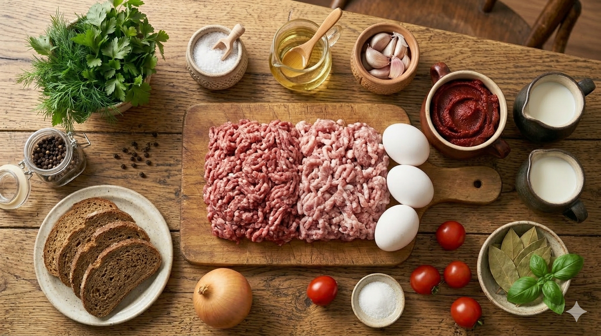 Для фрикаделек:                                                                      Фарш смешанный говядина и свинина — 500 г.                 Лук репчатый — 1 головка.                                               Яйцо — 1 штука.                                                                  Хлеб белый без корки — 2 кусочка.                               Молоко — 3 столовых ложки.                                         Чеснок — 2 зубчика.                                                            Соль, перец — по вкусу.                                                     Для томатного соуса:                                                        Томатная паста — 2 столовых ложки.                            Помидоры консервированные или свежие — 400 г.                                                                                      Лук репчатый — 1 головка.                                              Чеснок — 3 зубчика.                                                            Сахар — 1 чайная ложка.                                                       Масло растительное — для жарки.                                   Соль, перец, базилик — по вкусу.                                      Вода — 150 мл.                                                                                                                                               