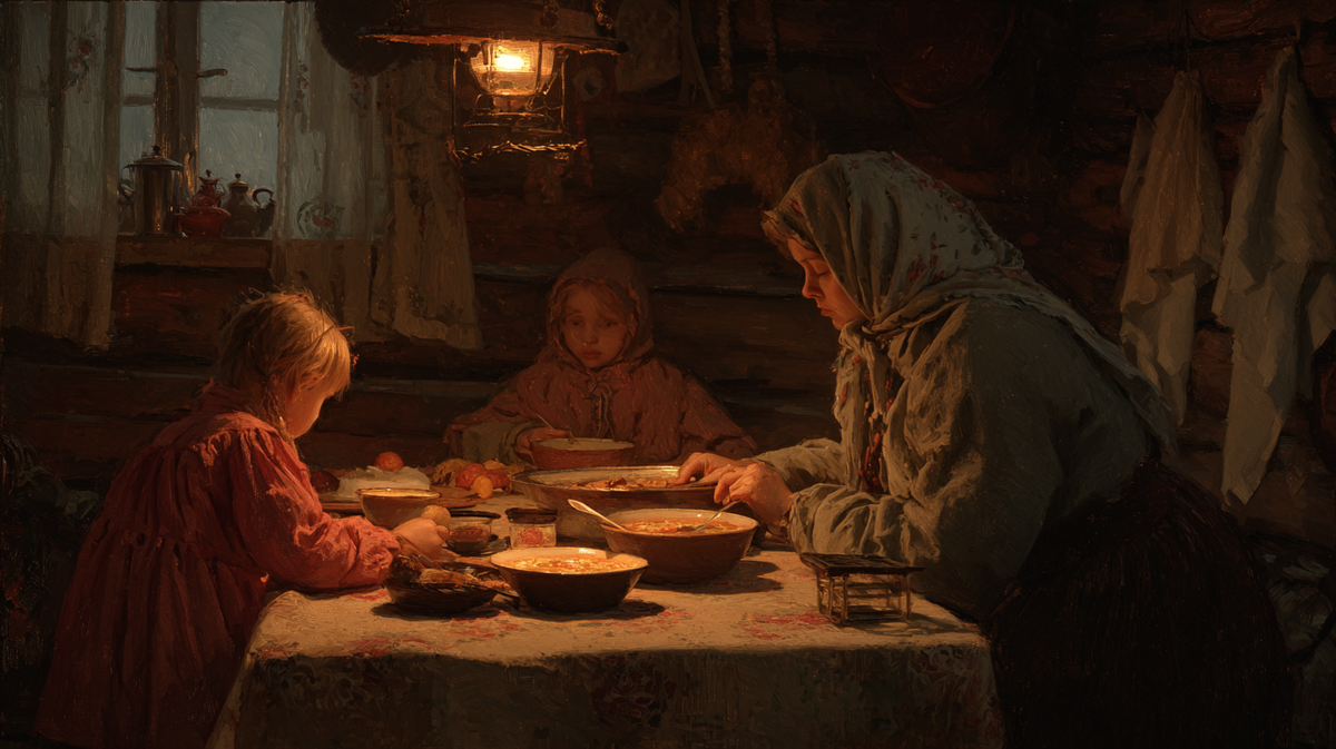 Тёплый семейный вечер в старой избе. Девочка с трепетом ставит угощение домовому — а вы помните, какие ритуалы были в вашем детстве?