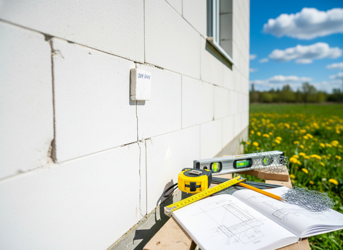 Тонкая трещина над окном, маячок с датой, две недели наблюдений. Если лопнет — пиши пропало. Пока держится — можно спасти. 5 причин, почему ваш газобетон треснет (и как это предотвратить) 👆
