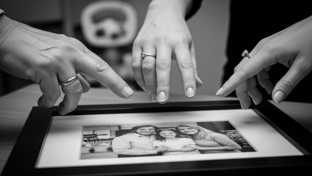 руки мужчины и двух женщин почти соприкасаются над семейным фото в рамке, но не касаются друг друга.