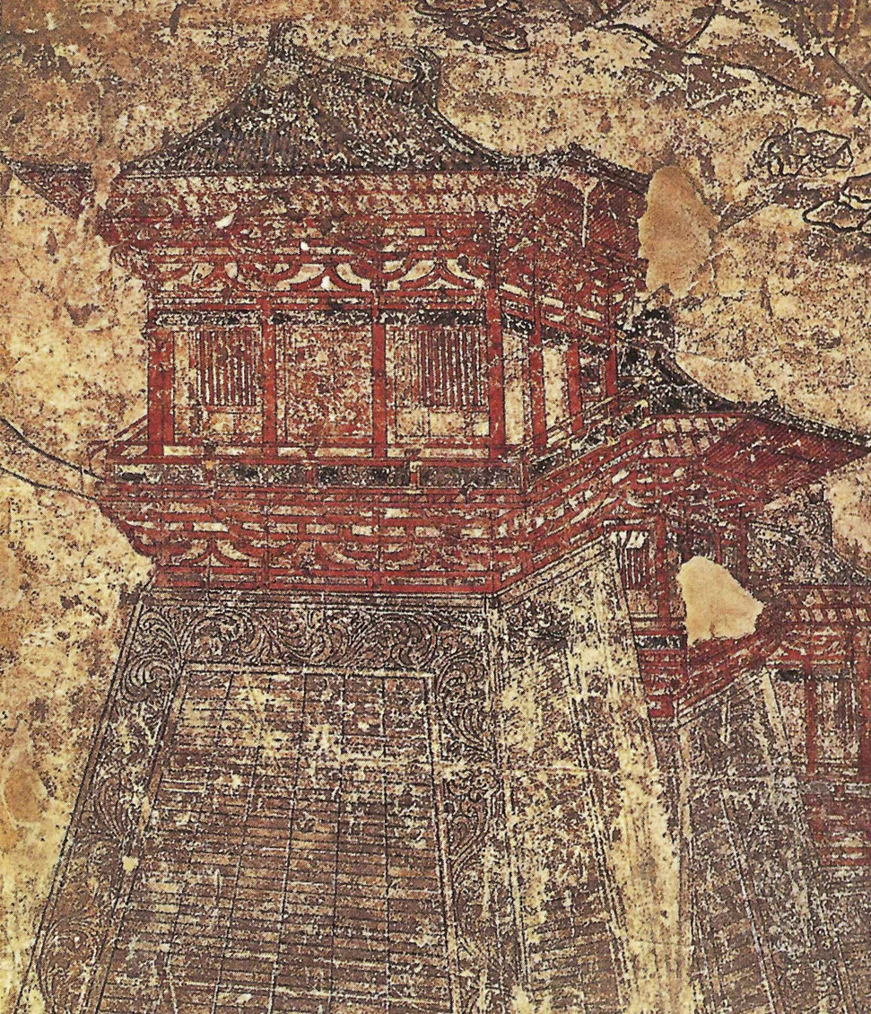 Фрески начала VIII века в гробнице принца Иде дают представление о великолепии городских стен Чанъаня с их высокими воротами и угловыми башнями