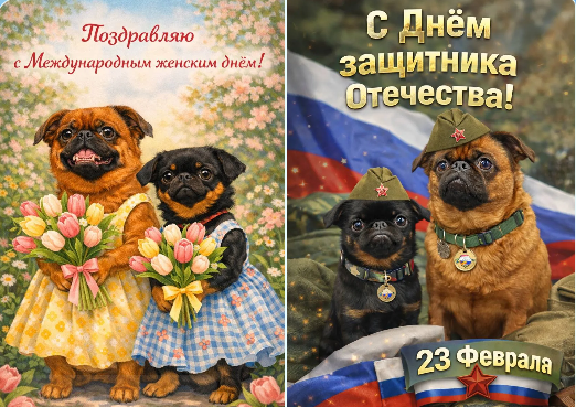 Картинки из тг-канала моей дочери. Сгенерированы ИИ. Собачки настоящие, породы Пти-брабансон: Ноча и Дея, наши любимицы
