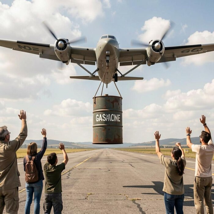 Можно, конечно, завозить бензин самолетом, но стоить он будет баснословных денег / Изображение сгенерировано нейросетью flyvi.io 