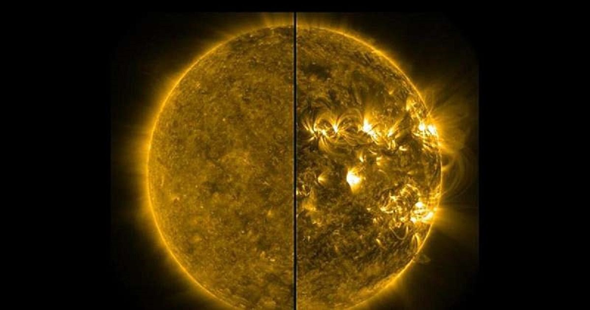    Коллаж наблюдений космической миссии NASA SDO/AIA, канал 171 A, показывает Солнце в состоянии минимума (слева, 7 декабря 2019 года, начало текущего 25-го солнечного цикла) и максимума (справа, 8 марта 2026 года).