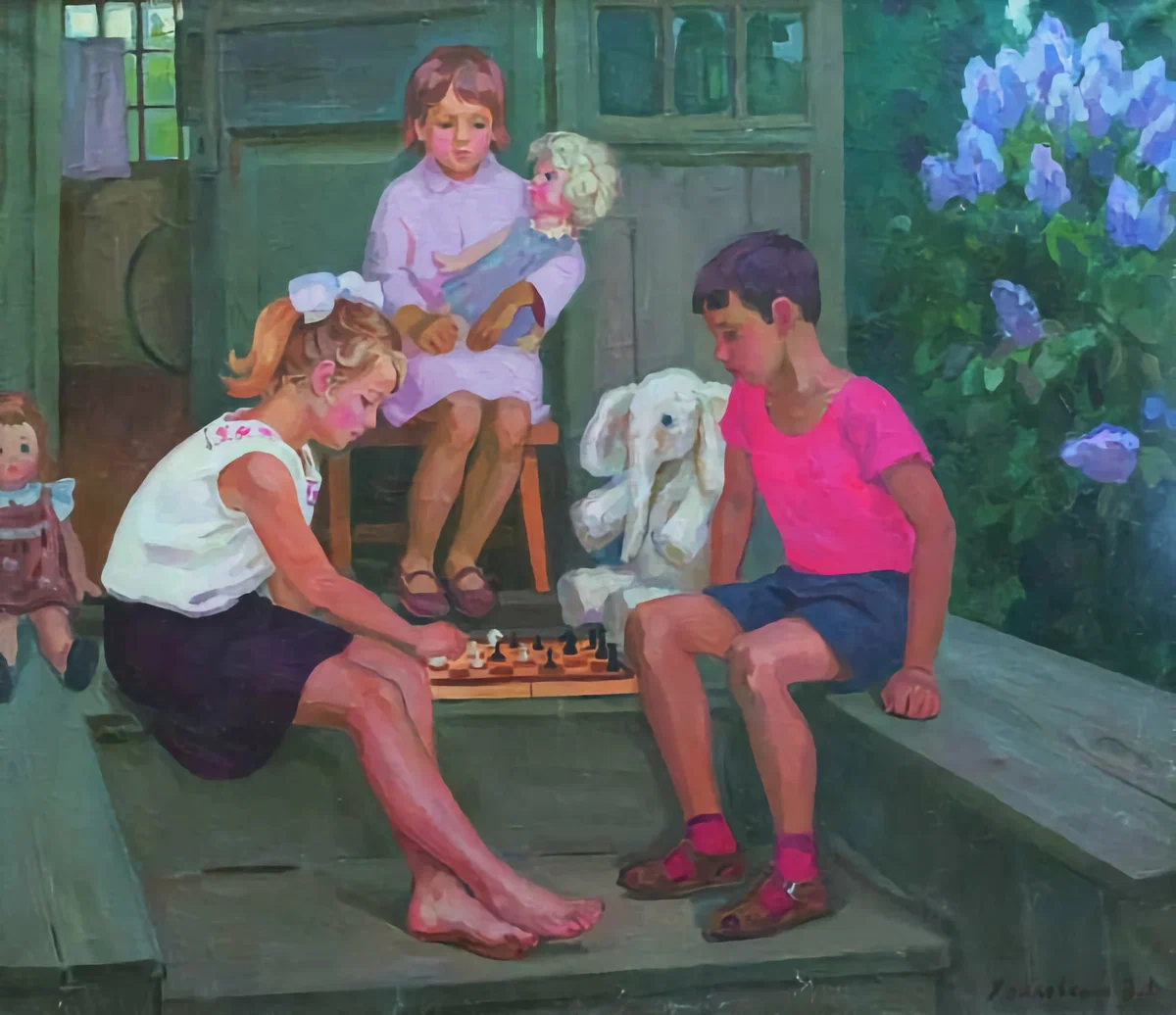 Дети с куклами играют в шахматы